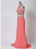 Two Pieces Coral Beaded Chiffon Prom Dress